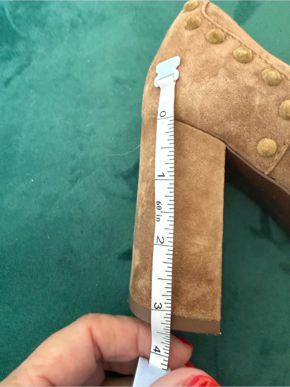 Tory Burch Colt Women’s Suede Block Heel Pumps in light brown with Stud Detail